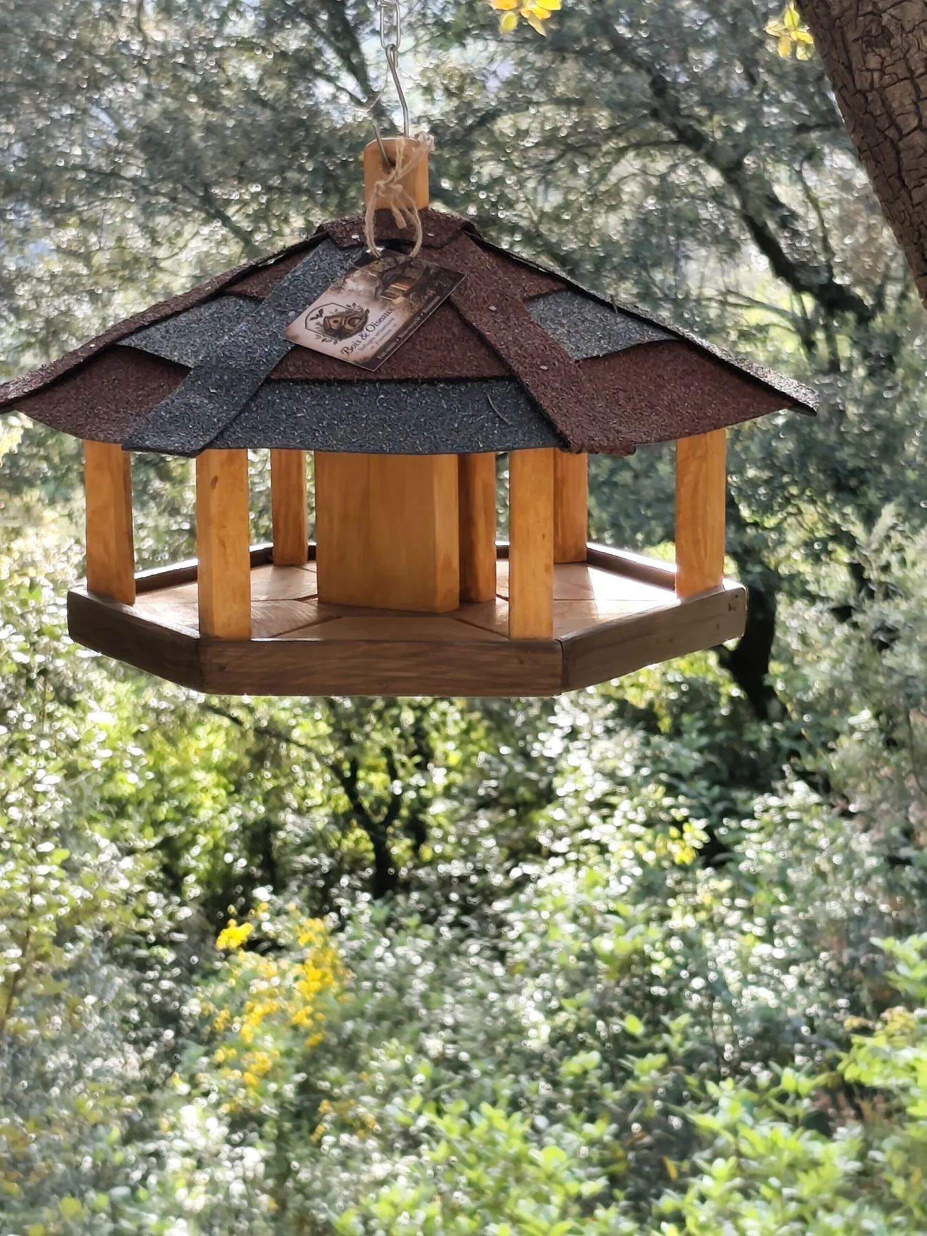 La Suspendue, mangeoire artisanale accrochée dans un jardin arboré